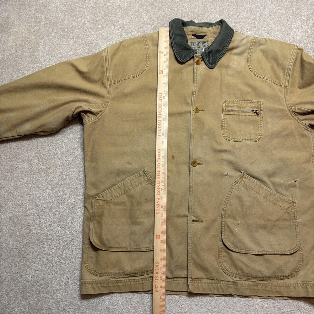 Vtg LL Bean Jacket XXL Beige Canvas Plaid Lined Field Barn Chore Coat Distressed - Picture 12 of 16